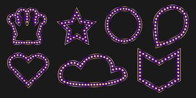 Purple crown marquee shiny badge. Violet black friday banner graphic for luxury event design. Pin light with star and heart frame. vector