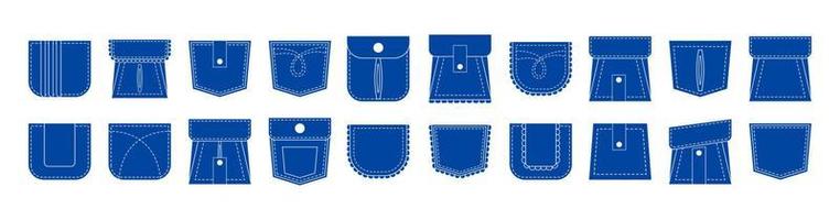 Set of blue flat patch pocket icon. White stitch symbol for tsirt, jeans, pants. Pleated sign with frill or ruffles. vector