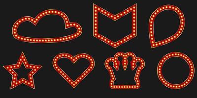Red crown marquee shiny badge. Black friday banner for luxury event design. Pin light with star and heart frame. vector