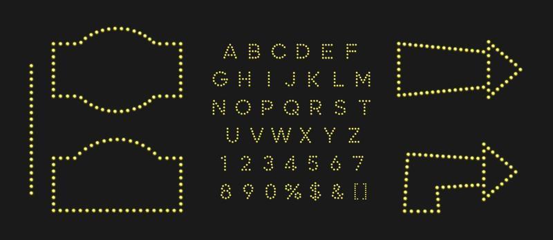 Shiny gold signboard and arrow for autumn fall sale banner. Marque alphabet for night club logo or event badge.