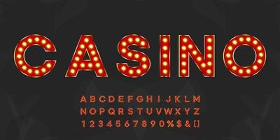 Alfabeto de marquesina rojo brillante con números y luz cálida. letras iluminadas vintage para logotipo de texto o banner de venta vector