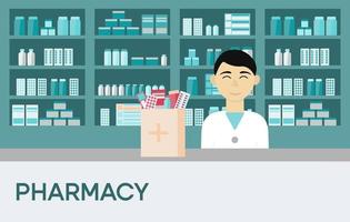 Asian man pharmacist in hospital or drugstore with box medicament to order. Pharmacy showcase with capsule, antibiotics, pill, syrup, on shelves. vector