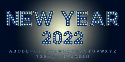 New Year 2022 vintage text with alphabet and numbers. Neon letters typeface for retro party or event signboard. vector