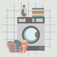 Lavadora con ropa clara, cesto y detergentes. vector de fondo de lavadero
