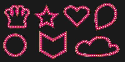 Pink crown marquee shiny badge. Black friday frames banner for luxury event design. Pin light with star and heart figures. vector