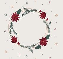 Merry Christmas wreath garland with poinsettia and twig. Evergreen branch, botanical wedding illustration for winter wedding festive invitation. vector