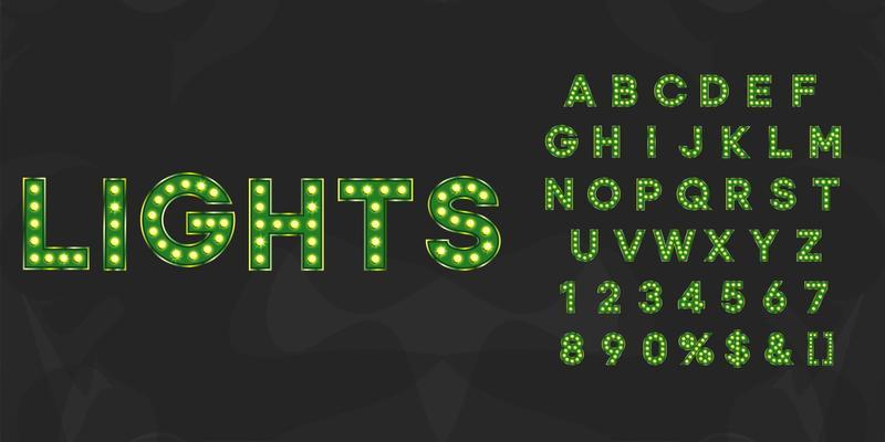 Green illuminated bulb text. Vintage bright typography for theater or showtime movie design signboard.