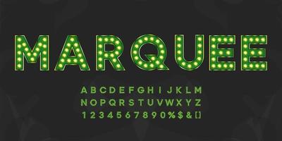 Green shining marquee alphabet with numbers and warm light. Vintage illuminated letters for text logo or sale banner vector