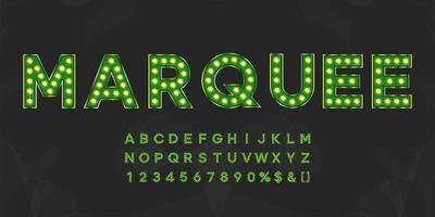 Alfabeto de marquesina verde brillante con números y luz cálida. letras iluminadas vintage para logotipo de texto o banner de venta vector