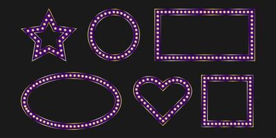 Square and oval purple geometric frames with marquee bulb. Violet vintage shiny signboard with neon light. Warm led lit. vector