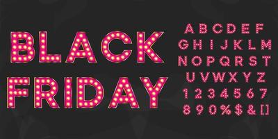 Pink Black friday sale illuminated bulb text. Vintage typography for theater or showtime movie design. vector