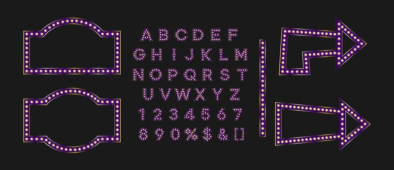 Shiny violet signboard and arrow for black friday sale banner. Purple marque alphabet for night club logo or event badge.