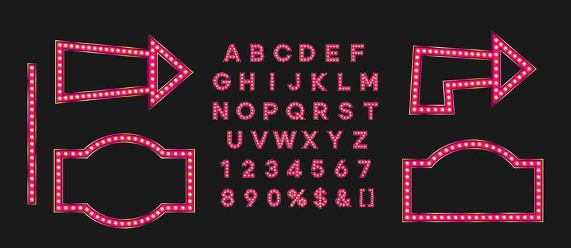 Shiny pink signboard and arrow for black friday sale banner. Marque alphabet for night club logo or event badge.