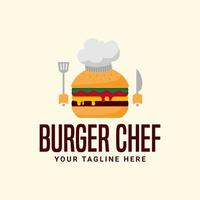 Logotipo único de hamburguesa de chef, ilustración de vector de hamburguesa con combinación de gorro de chef, espátula y cuchillo de mano