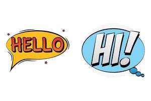 Hello comic pop-up with red and yellow color. Hi comic explosion with white and blue color. Comic burst explosion. Hello text pop-up with bubble for cartoon speeches. Comic speech explosion vector. vector