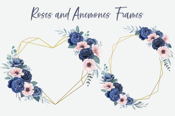 Watercolor navy blue roses and peach anemones flowers frames