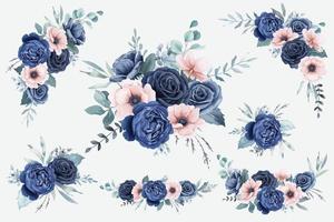 Acuarela de rosas azul marino y ramos de anémonas de melocotón. vector
