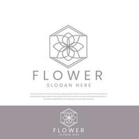 Geometric line art rose logo in beautiful floral frame in hexagons. vector line icon template