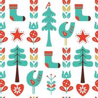 Christmas seamless Nordic pattern with tree flowers bird heart vector
