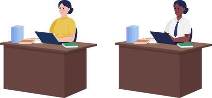 Angry secretaries sitting at desks semi flat color vector characters set