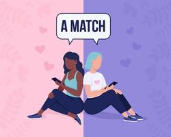 Getting perfect match on dating app flat color vector illustration