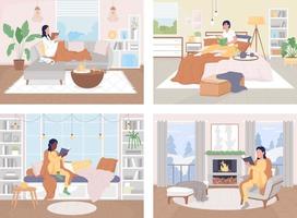 Reading at home flat color vector illustration set