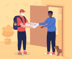 Safe pizza delivery to door flat color vector illustration