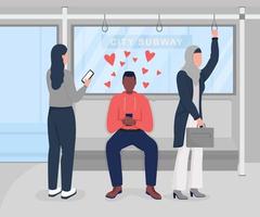 Using dating app in city subway flat color vector illustration