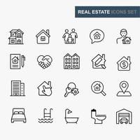 conjunto de iconos de web de delgada línea mínima de bienes raíces. incluyó los íconos como bienes raíces, propiedad, hipoteca, préstamo hipotecario y más. colección de iconos de contorno. ilustración vectorial simple. vector