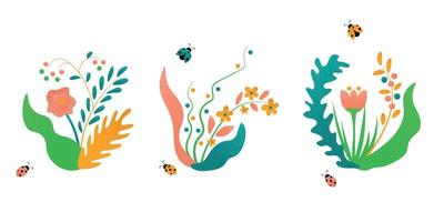 Set of abstract bright spring flowers with twigs, bugs and leaves. Grain effect, hand draw flat elements. Cartoon doodle style vector illustration. Tropical design with particle texture