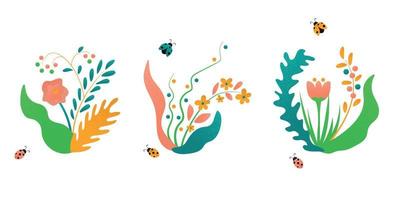 conjunto de flores abstractas de primavera brillante con ramitas, insectos y hojas. efecto de grano, dibujar a mano elementos planos. Ilustración de vector de estilo de dibujo de dibujos animados. diseño tropical con textura de partículas