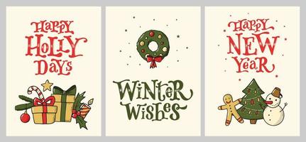 conjunto de tarjetas de Navidad, carteles, impresiones, invitaciones decoradas con lindas citas de letras y garabatos. eps 10 vector