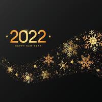 Happy new year 2022 typography quote decorated with gold snowflakes on black background. Good for invitations, greeting cards, posters, prints, signs, banners, etc. EPS 10 vector