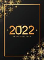 Happy new year 2022 typography quote decorated with frame of gold snowflakes on black background. Good for invitations, greeting cards, posters, prints, signs, banners, etc. EPS 10 vector