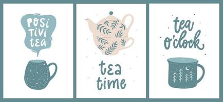 Juego de cotizaciones de té decoradas con ollas y tazas. vector