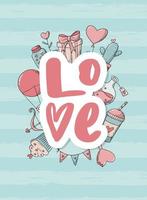 creative lettering quote 'Love' decorated with doodles on striped background. Good for Valentine's day greeting cards, posters, prints, invitations, stickers, banners, etc. EPS 10 vector