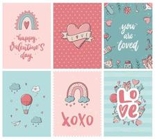 set of six Valentine's day greeting cards decorated with lettering quotes and doodles. Good for posters, invitations, prints, wallpaper, scrapbooking, etc. EPS 10 vector