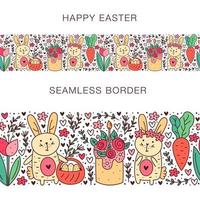 Happy Easter doodle line art elements Rabbit bunny christian cross cake cupcake chicken egg hen flower carrot sun Isolated on white background Seamless border banner vector