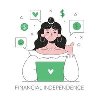 independencia financiera joven mujer sentada con laptop trabajo remoto en línea ganar dinero exitoso freelancer ilustración vectorial aislado sobre fondo blanco lindo diseño moderno vector