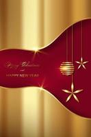 Banner de vacaciones de lujo navideño con feliz navidad y feliz año nuevo manuscrito dorado y bolas navideñas doradas. ilustración vectorial sobre textura de papel de aluminio y fondo rojo vector