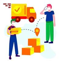 Online delivery service, online order tracking, home and office delivery. A truck, a scooter, a masked courier. Vector illustration