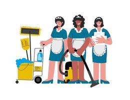camareras de hotel caucásicas, afroamericanas en uniforme con una aspiradora, empujando el carrito con artículos de limpieza, ropa de cama limpia para la ilustración room.vector. vector