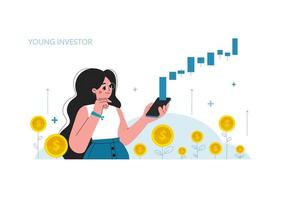 The girl with a mobile phone, stock market investment, growth, income money, rising rate, profit, young generation. Flat style vector illustration.