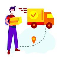 Online delivery service, online order tracking, home and office delivery. A truck, a scooter, a masked courier. Vector illustration