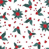 Seamless pattern with winter plants, holly berry, rowan branches. Festive American traditional ornate for New Year, Christmas. Hand drawn vector illustration for wrapping paper, textile printing