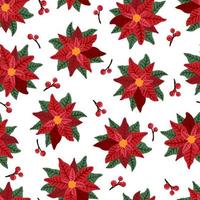 Red Poinsettia star flower and leaf Christmas or New Year decoration vector seamless pattern for greeting card design, textiles, banners, wallpapers, wrapping.