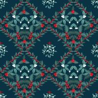 Vector Christmas seamless pattern with branches of mistletoe and ilex, holly. Design for fabric, wrapping paper, print, holidays decoration. Winter plants and berries template.