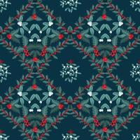 Vector Christmas seamless pattern with branches of mistletoe and ilex, holly. Design for fabric, wrapping paper, print, holidays decoration. Winter plants and berries template.