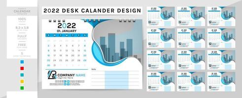 Desk calendar and planner diary template for the year 2022. This creative elegant calendar is a must for your home and office. 2 theme colorwork, black, and others. The 12-page week begins on Sunday. vector