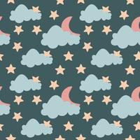 Seamless Pattern of Night Sky with  Cloud Stars and Crescent Moon vector